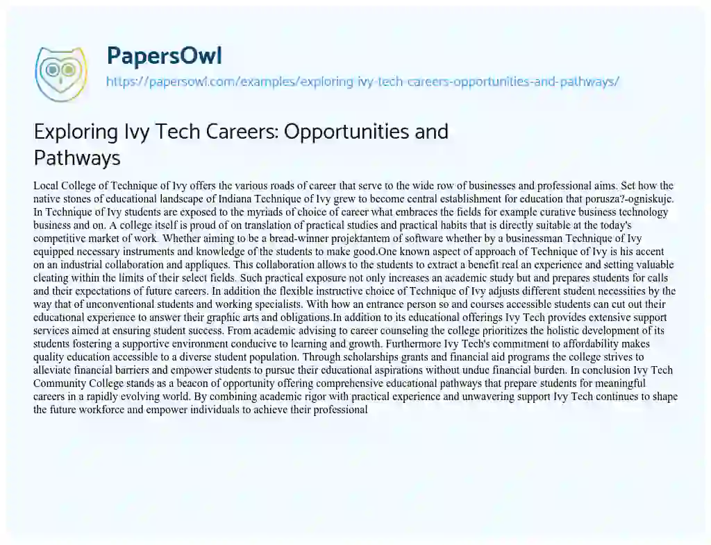 Essay on Exploring Ivy Tech Careers: Opportunities and Pathways