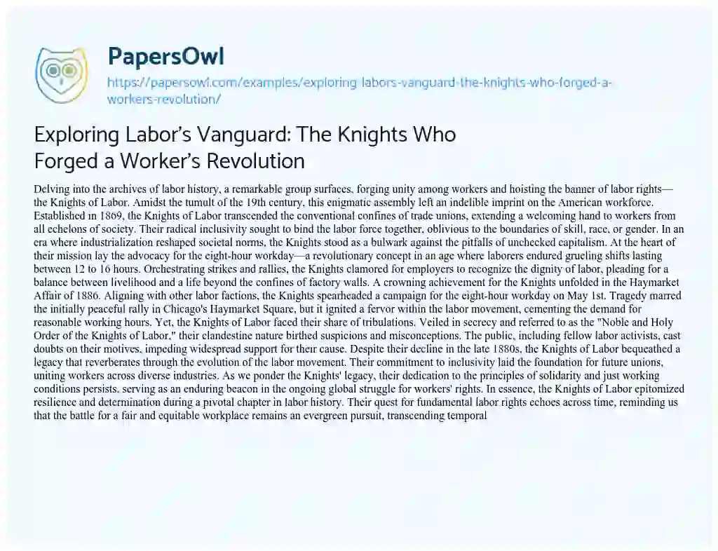 Essay on Exploring Labor’s Vanguard: the Knights who Forged a Worker’s Revolution