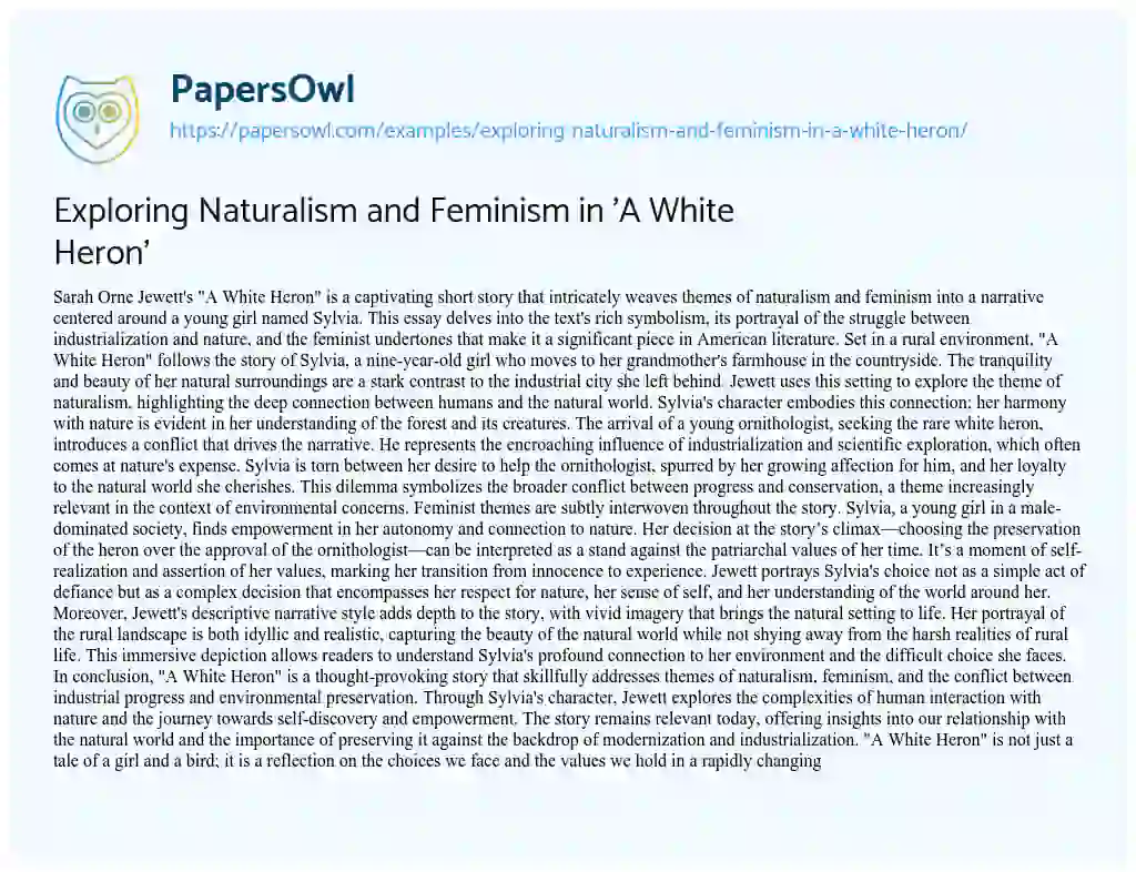 Essay on Exploring Naturalism and Feminism in ‘A White Heron’
