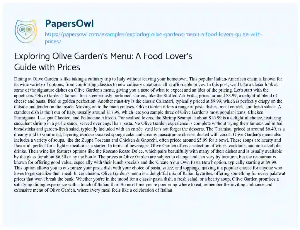 Essay on Exploring Olive Garden’s Menu: a Food Lover’s Guide with Prices