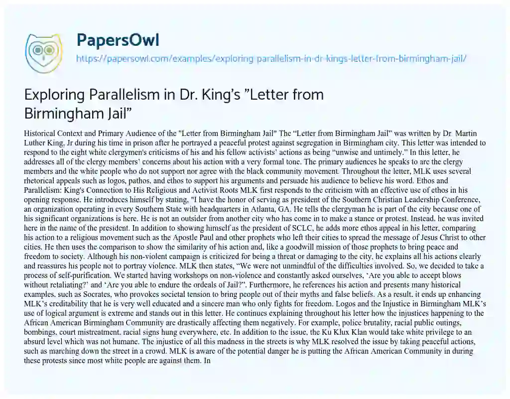 Essay on Exploring Parallelism in Dr. King’s “Letter from Birmingham Jail”
