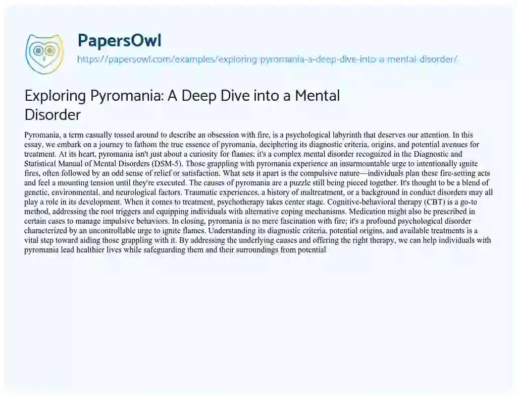 Essay on Exploring Pyromania: a Deep Dive into a Mental Disorder