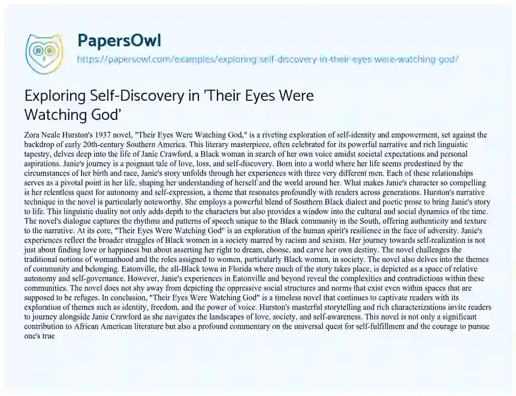 Essay on Exploring Self-Discovery in ‘Their Eyes were Watching God’