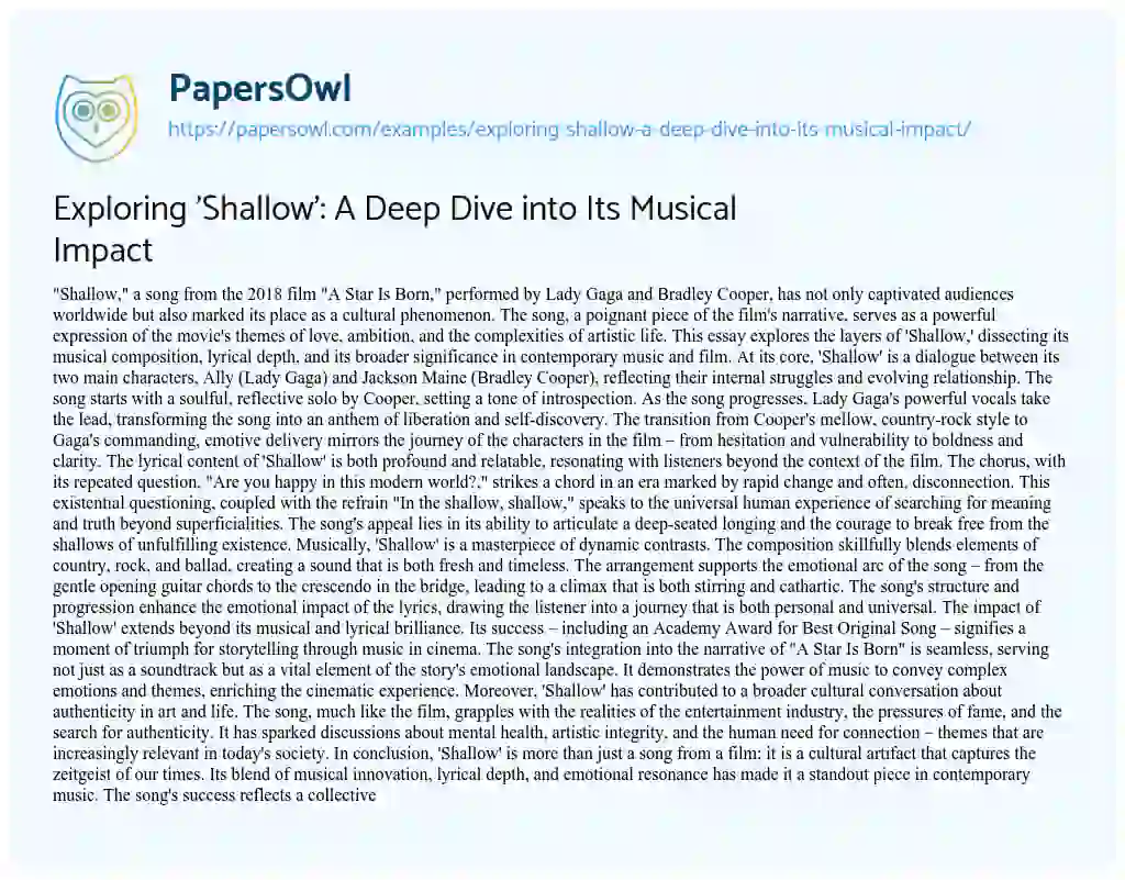 Essay on Exploring ‘Shallow’: a Deep Dive into its Musical Impact
