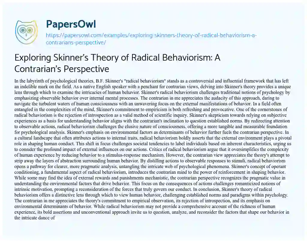 Essay on Exploring Skinner’s Theory of Radical Behaviorism: a Contrarian’s Perspective