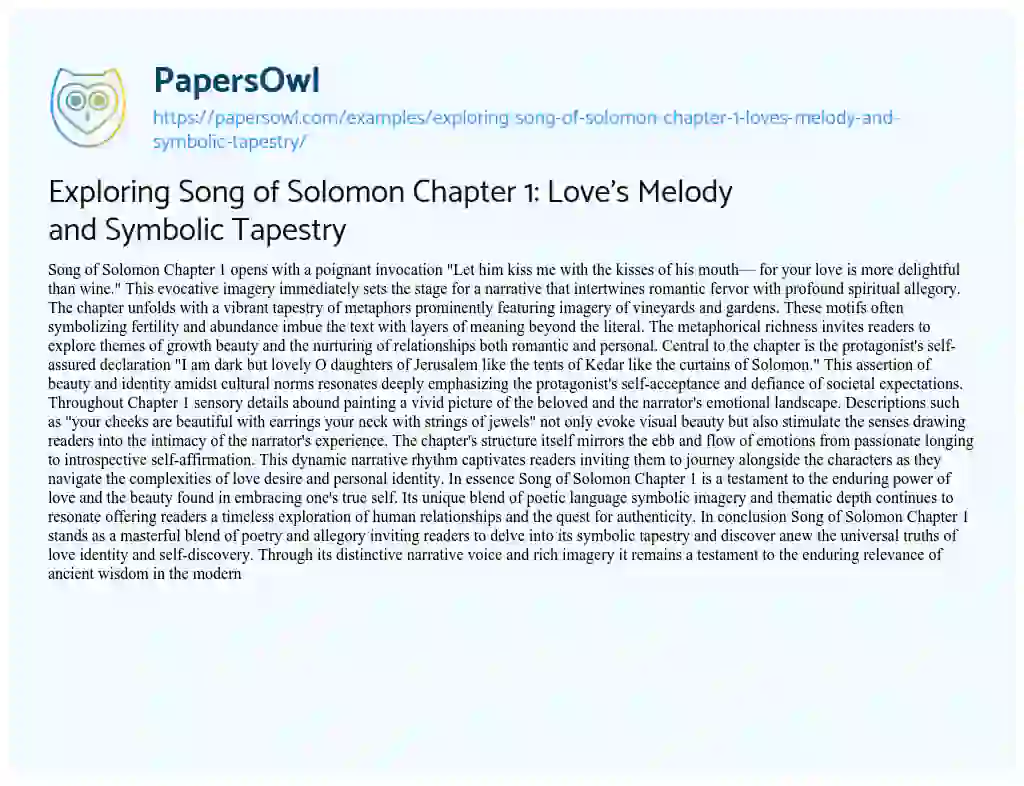 Essay on Exploring Song of Solomon Chapter 1: Love’s Melody and Symbolic Tapestry