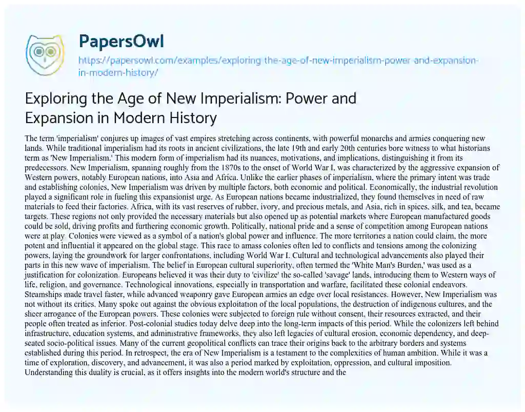 Essay on Exploring the Age of New Imperialism: Power and Expansion in Modern History