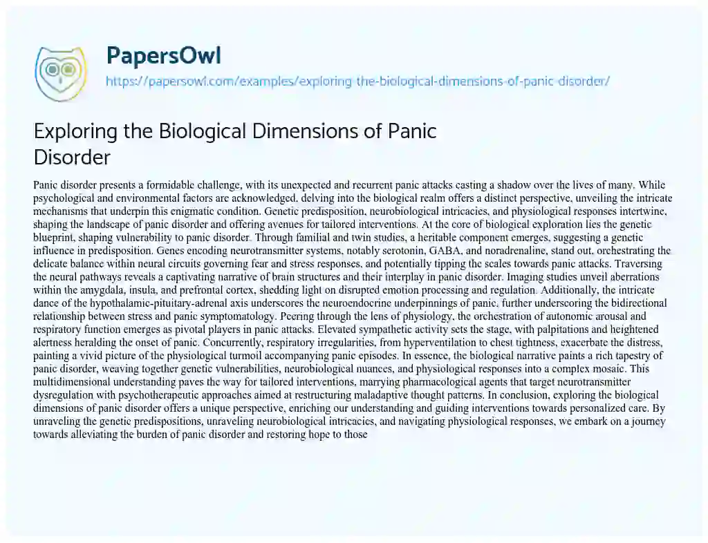 Essay on Exploring the Biological Dimensions of Panic Disorder