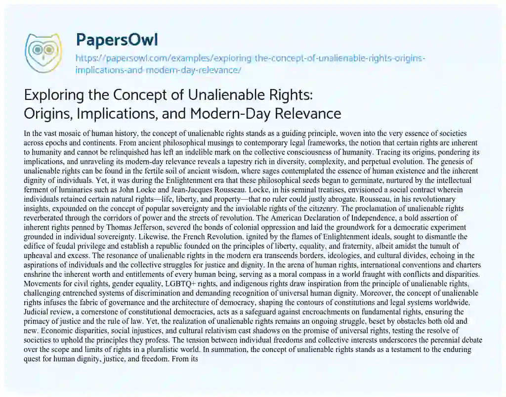 Essay on Exploring the Concept of Unalienable Rights: Origins, Implications, and Modern-Day Relevance
