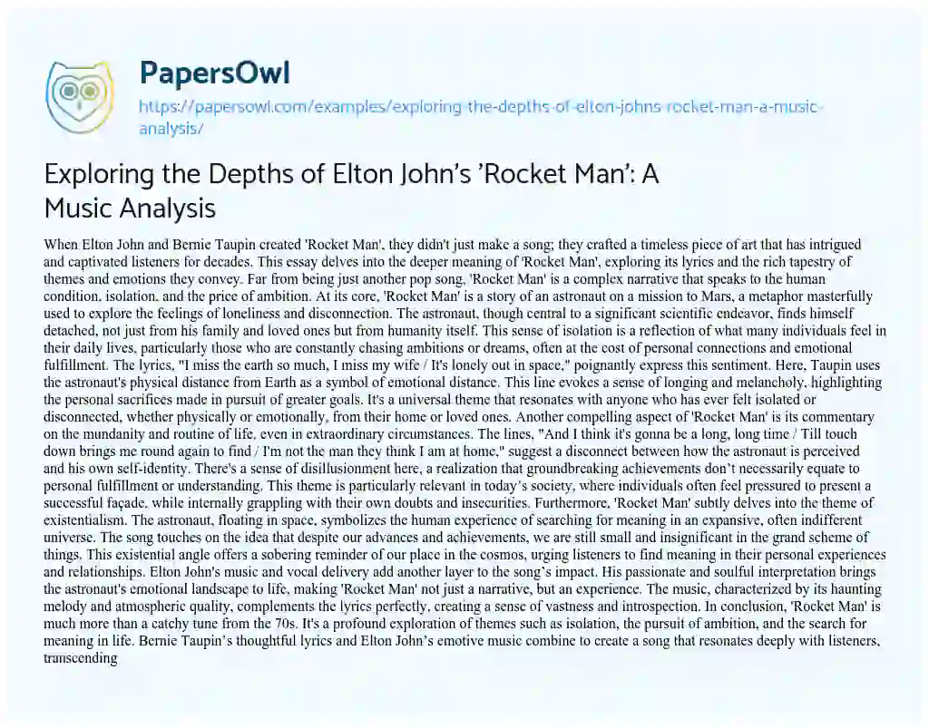 Essay on Exploring the Depths of Elton John’s ‘Rocket Man’: a Music Analysis