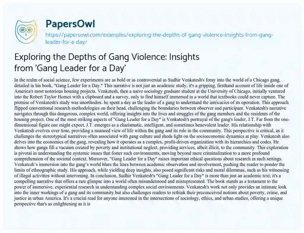 Essay on Exploring the Depths of Gang Violence: Insights from ‘Gang Leader for a Day’