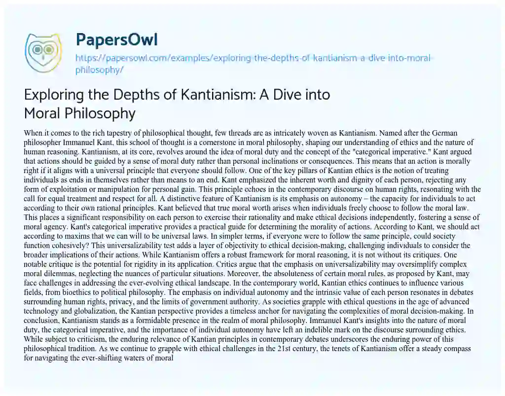 Essay on Exploring the Depths of Kantianism: a Dive into Moral Philosophy
