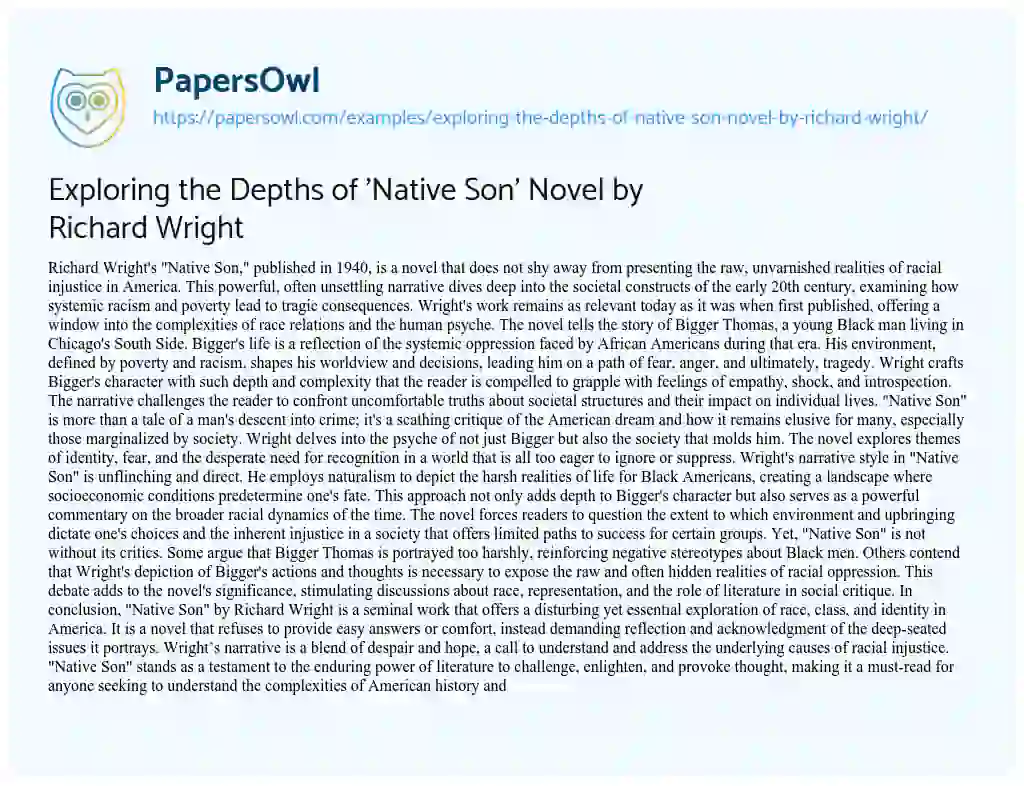 Essay on Exploring the Depths of ‘Native Son’ Novel by Richard Wright