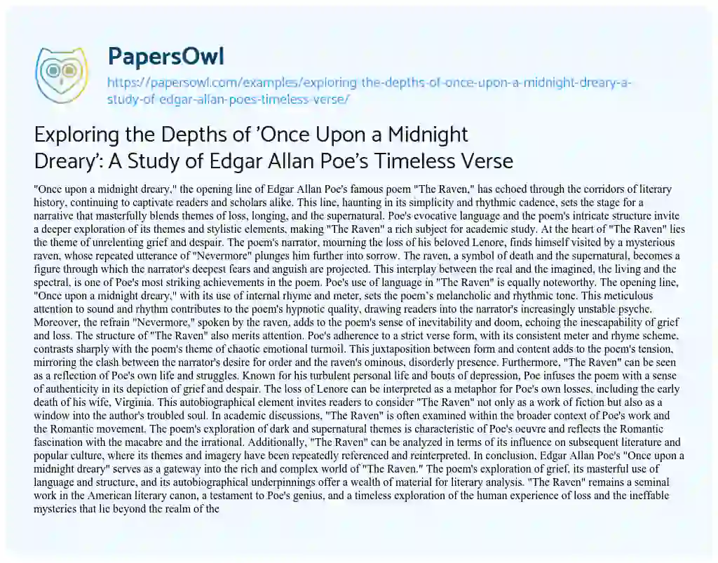 Essay on Exploring the Depths of ‘Once Upon a Midnight Dreary’: a Study of Edgar Allan Poe’s Timeless Verse