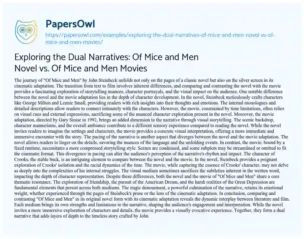 Essay on Exploring the Dual Narratives: of Mice and Men Novel Vs. of Mice and Men Movies
