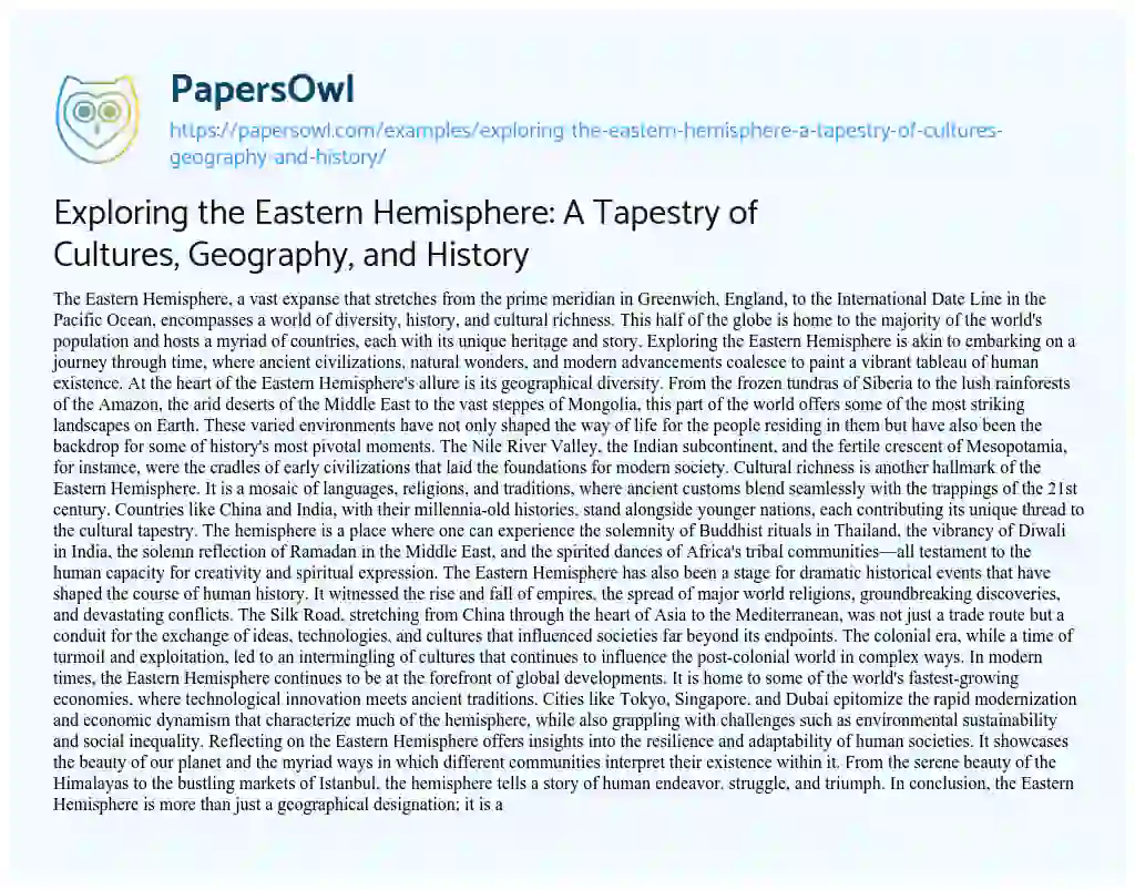 Essay on Exploring the Eastern Hemisphere: a Tapestry of Cultures, Geography, and History