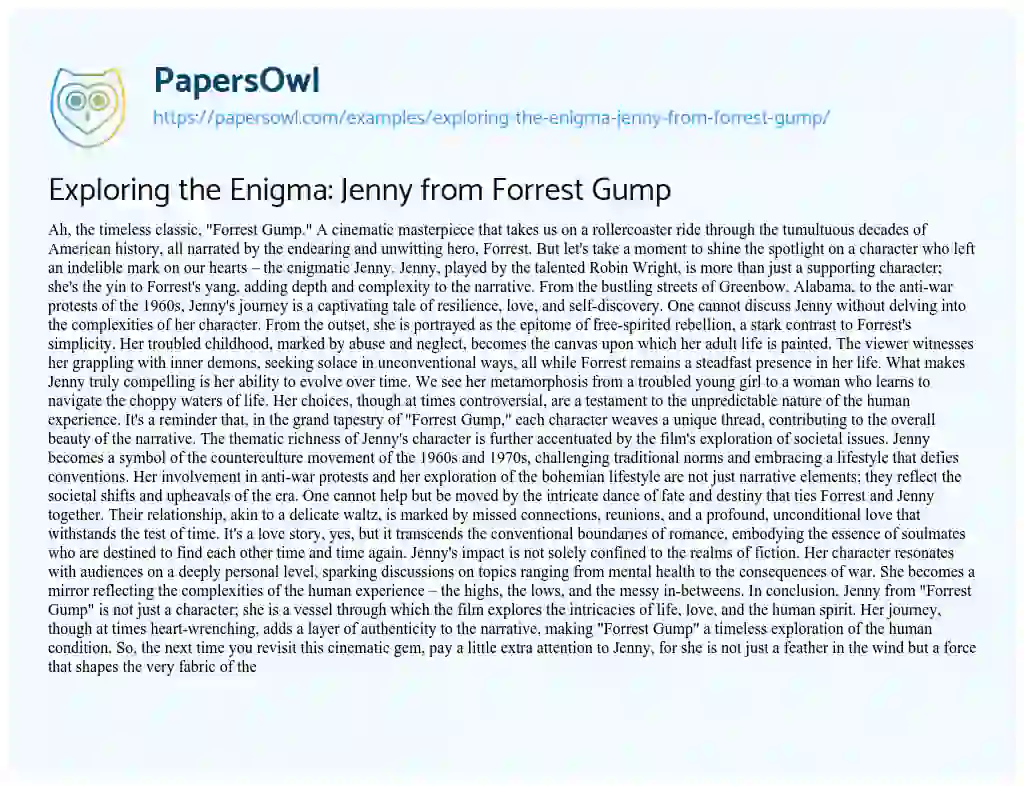 Essay on Exploring the Enigma: Jenny from Forrest Gump