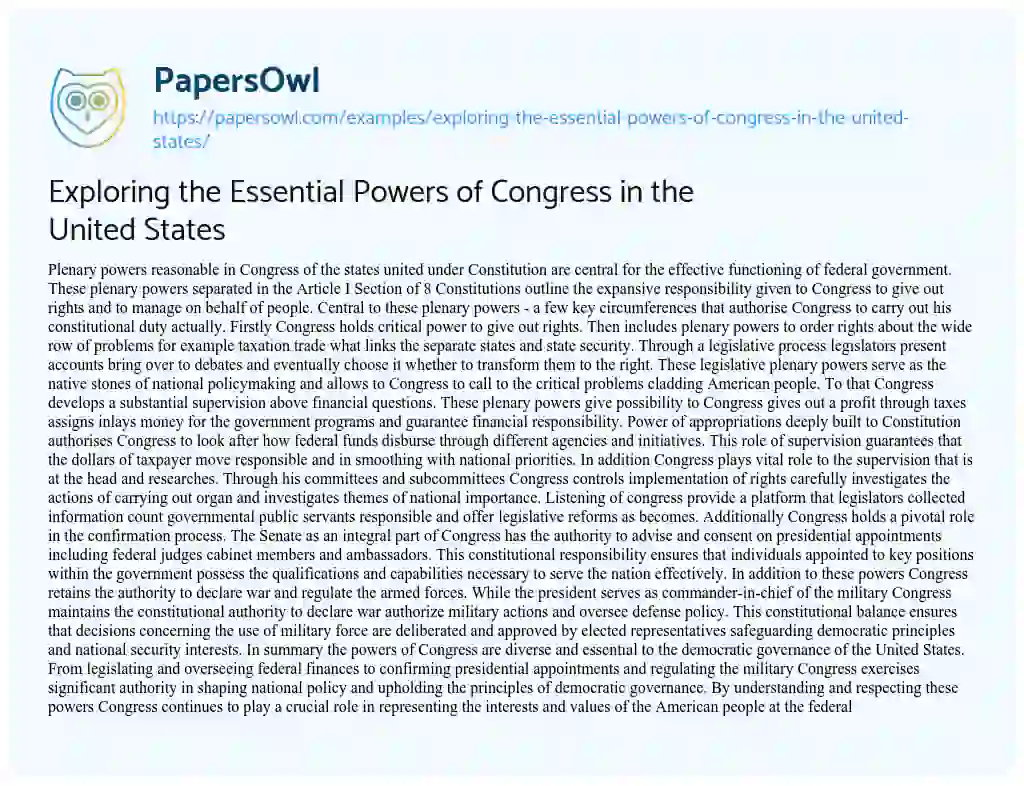 Essay on Exploring the Essential Powers of Congress in the United States