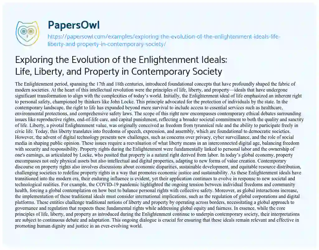 Essay on Exploring the Evolution of the Enlightenment Ideals: Life, Liberty, and Property in Contemporary Society