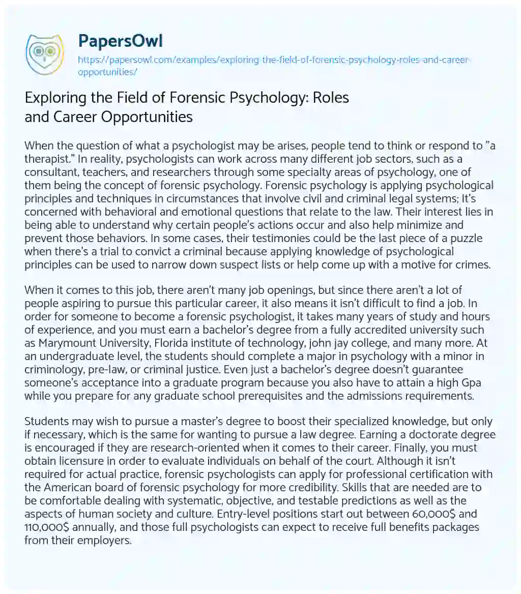 Essay on Exploring the Field of Forensic Psychology: Roles and Career Opportunities