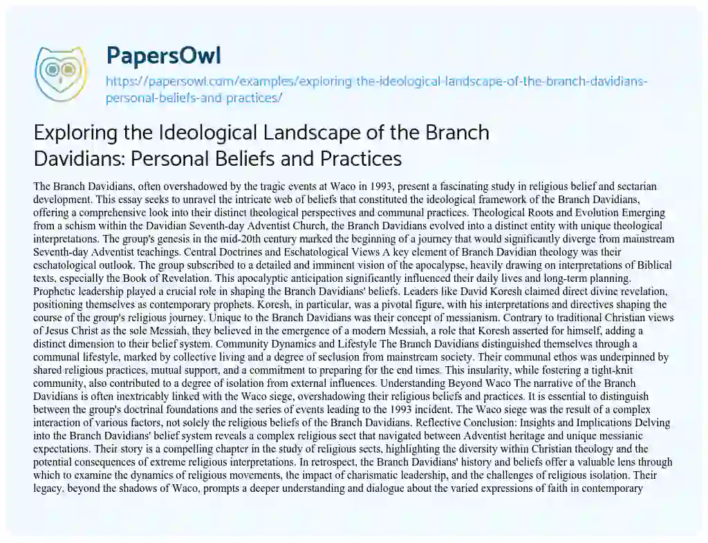Essay on Exploring the Ideological Landscape of the Branch Davidians: Personal Beliefs and Practices