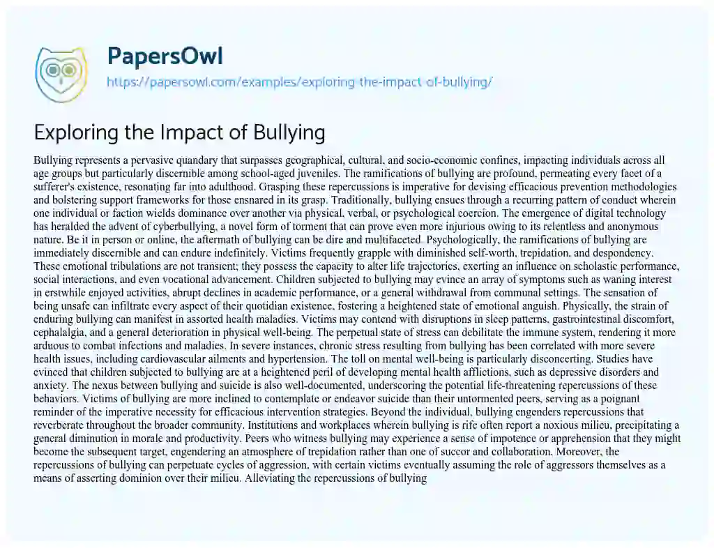 Essay on Exploring the Impact of Bullying