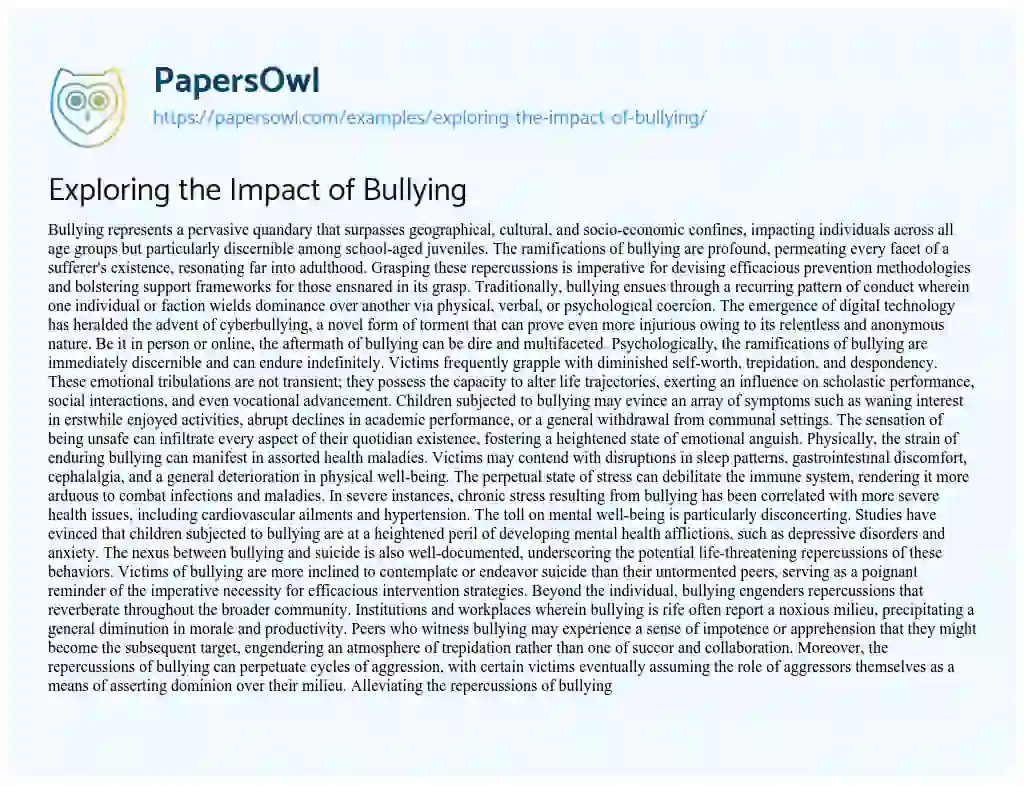 Exploring the Impact of Bullying - Free Essay Example - 685 Words ...