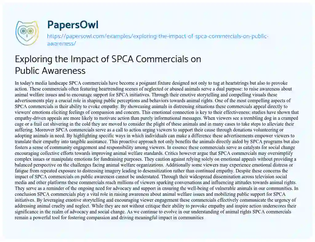 Essay on Exploring the Impact of SPCA Commercials on Public Awareness