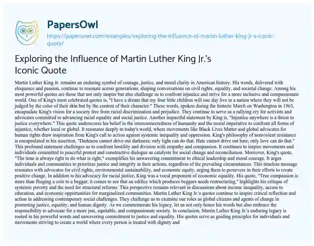 Essay on Exploring the Influence of Martin Luther King Jr.’s Iconic Quote