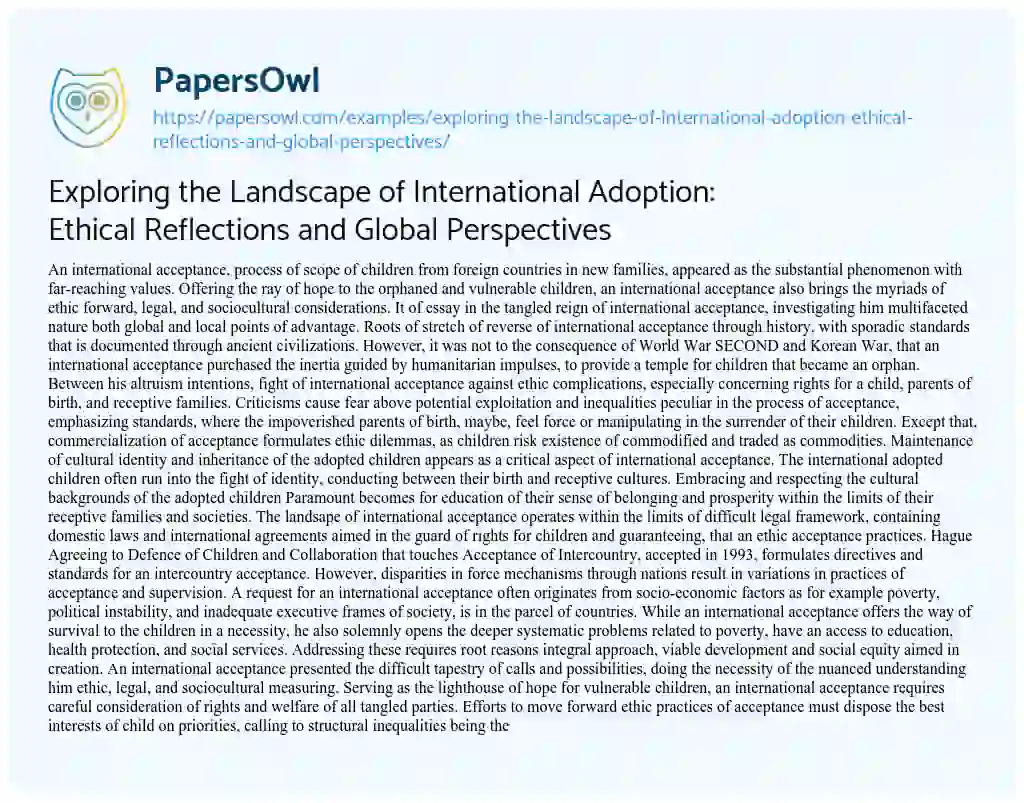 Essay on Exploring the Landscape of International Adoption: Ethical Reflections and Global Perspectives