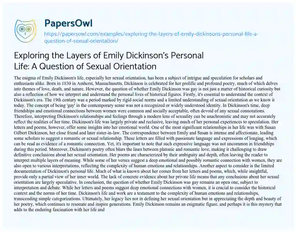 Essay on Exploring the Layers of Emily Dickinson’s Personal Life: a Question of Sexual Orientation