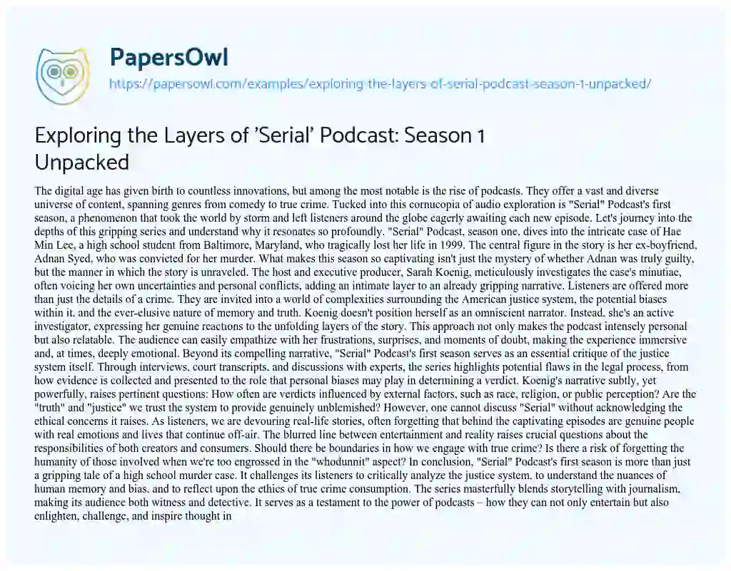 Essay on Exploring the Layers of ‘Serial’ Podcast: Season 1 Unpacked