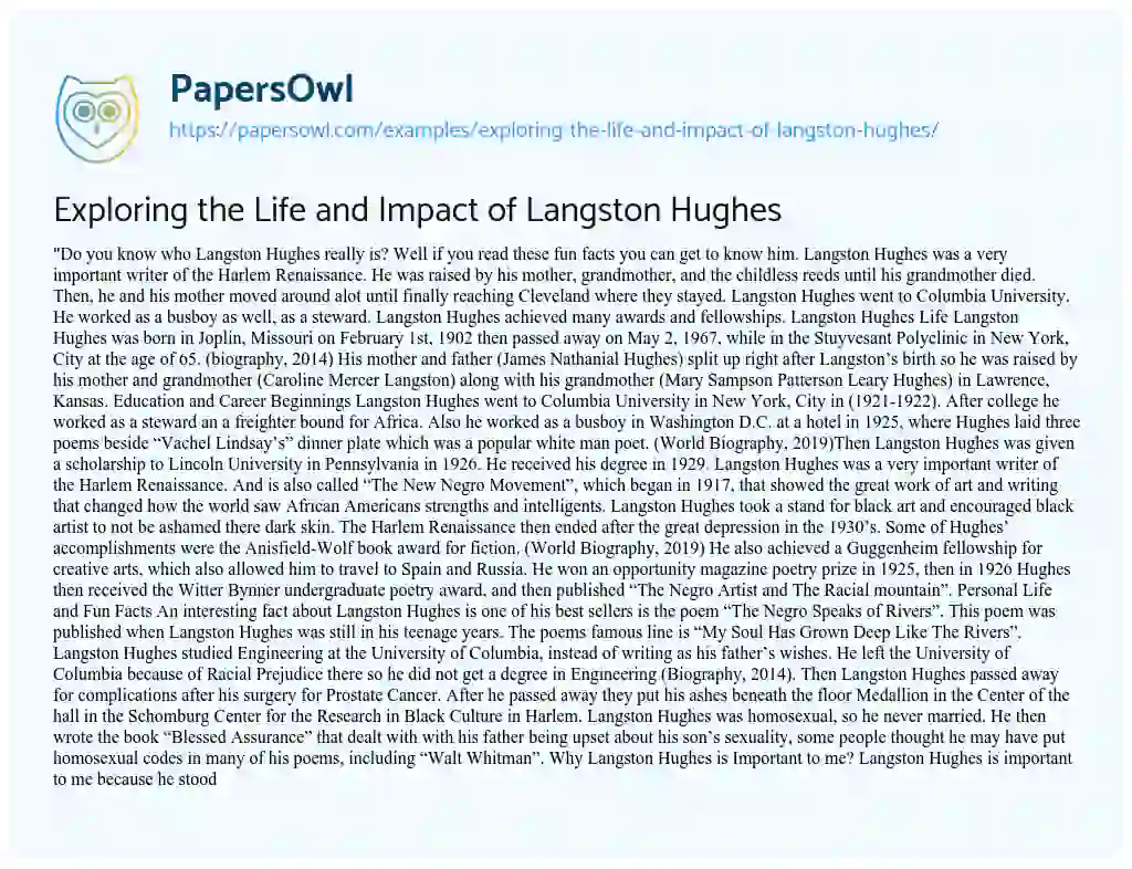 Essay on Exploring the Life and Impact of Langston Hughes