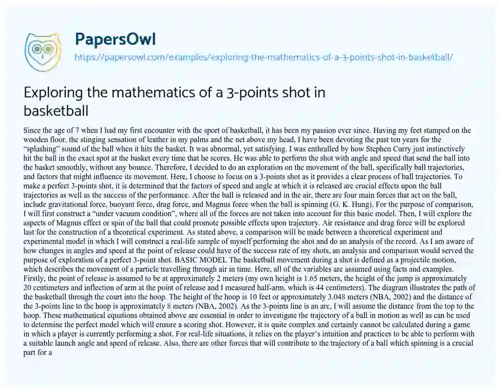 Essay on Exploring the Mathematics of a 3-points Shot in Basketball 