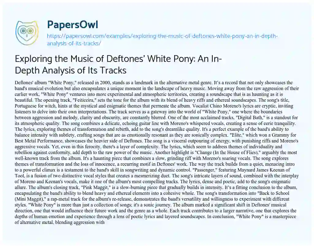 Essay on Exploring the Music of Deftones’ White Pony: an In-Depth Analysis of its Tracks