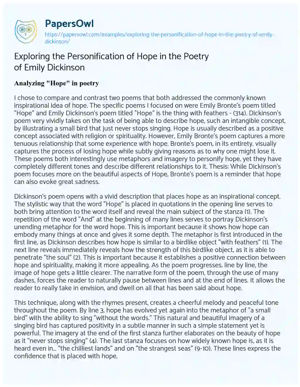 Essay on Exploring the Personification of Hope in the Poetry of Emily Dickinson