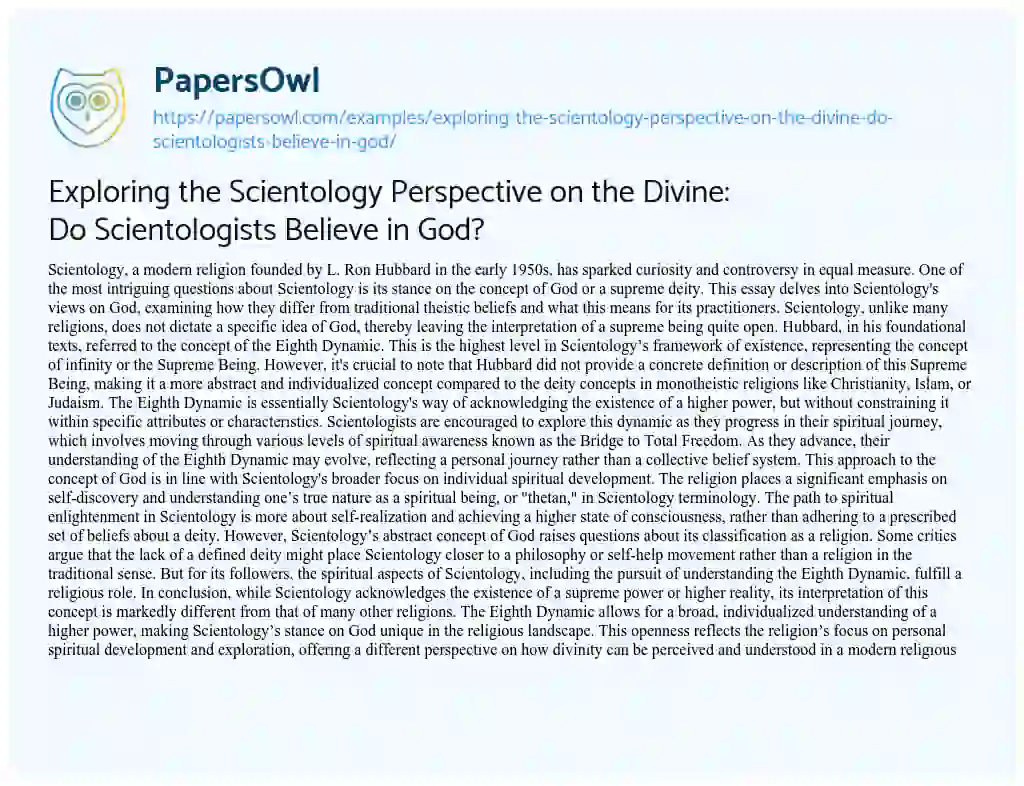 Essay on Exploring the Scientology Perspective on the Divine: do Scientologists Believe in God?