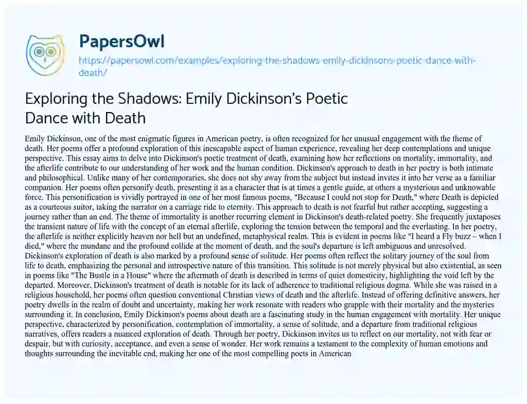 Essay on Exploring the Shadows: Emily Dickinson’s Poetic Dance with Death