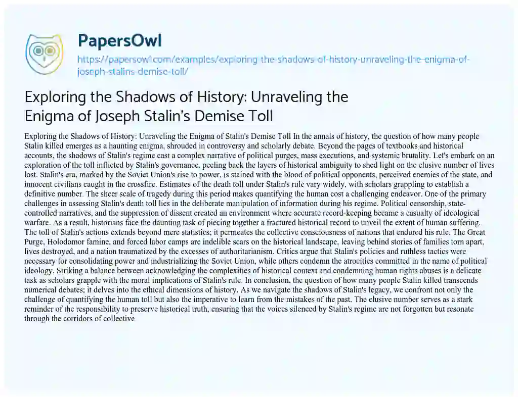 Essay on Exploring the Shadows of History: Unraveling the Enigma of Joseph Stalin’s Demise Toll
