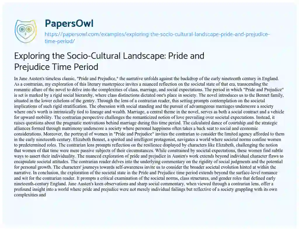 Essay on Exploring the Socio-Cultural Landscape: Pride and Prejudice Time Period