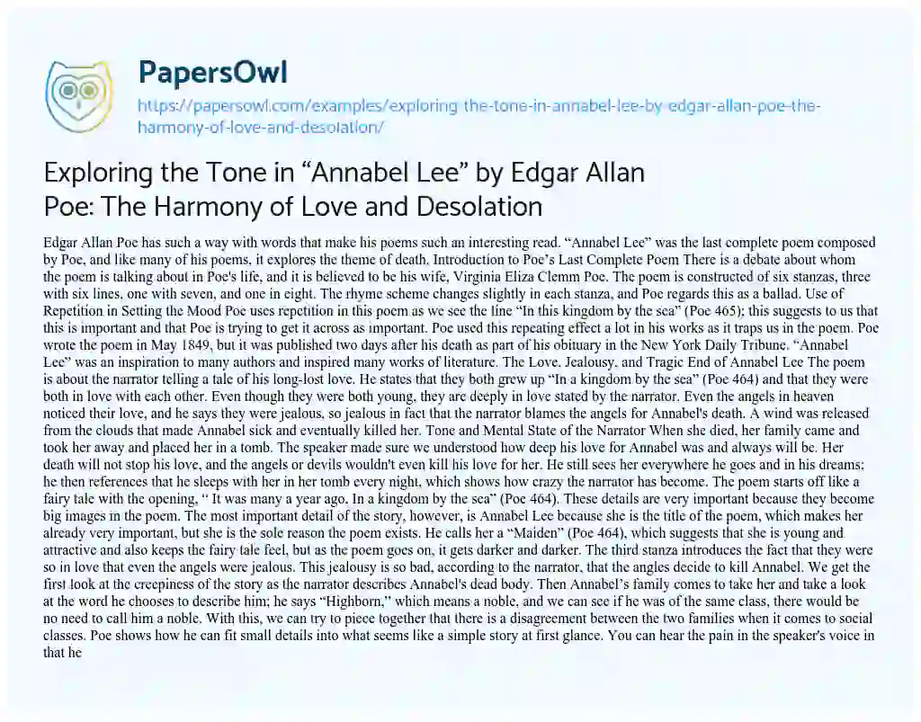 Essay on Exploring the Tone in “Annabel Lee” by Edgar Allan Poe: the Harmony of Love and Desolation