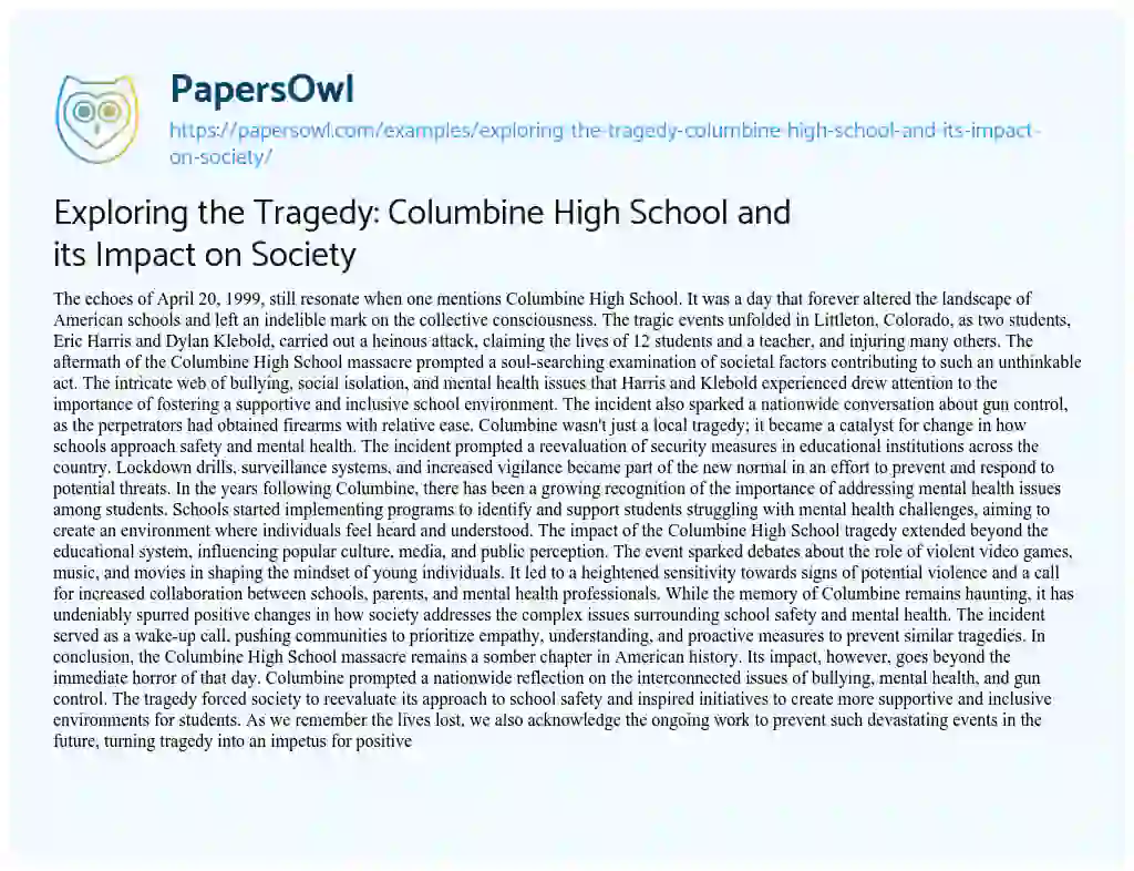 Essay on Exploring the Tragedy: Columbine High School and its Impact on Society