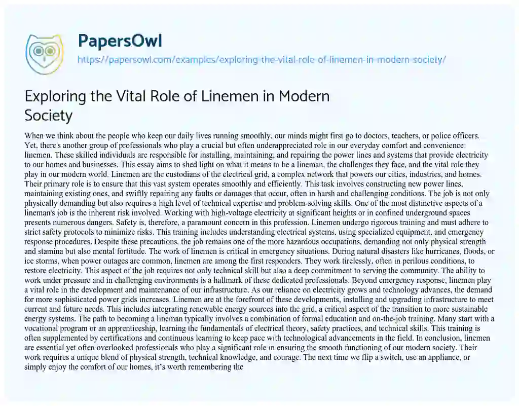 Essay on Exploring the Vital Role of Linemen in Modern Society