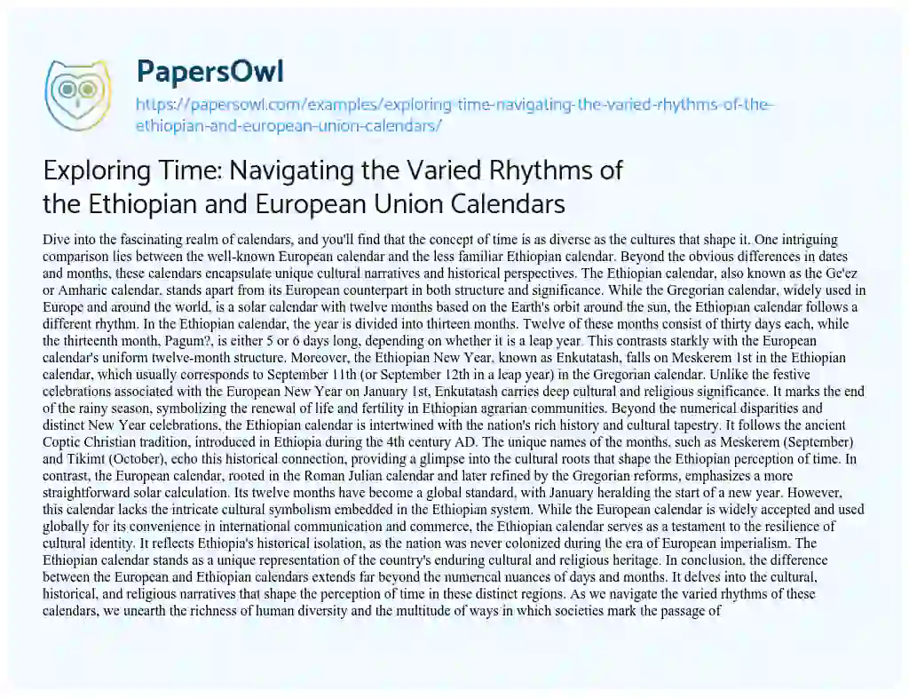 Essay on Exploring Time: Navigating the Varied Rhythms of the Ethiopian and European Union Calendars