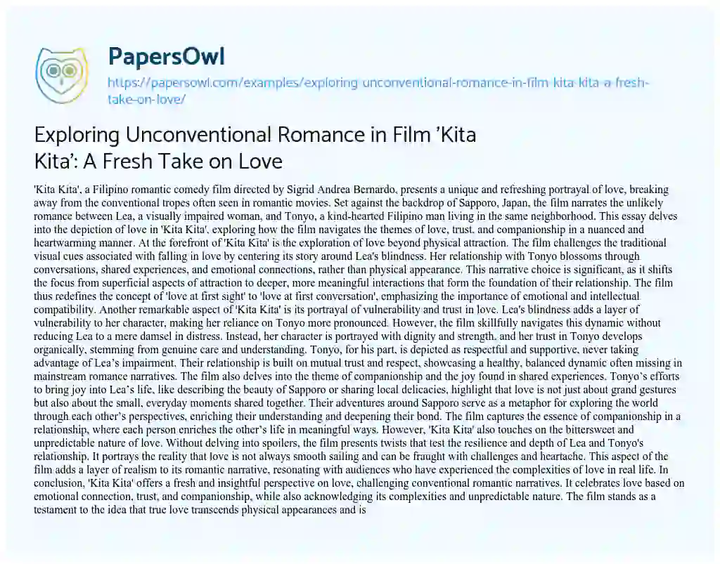 Essay on Exploring Unconventional Romance in Film ‘Kita Kita’: a Fresh Take on Love