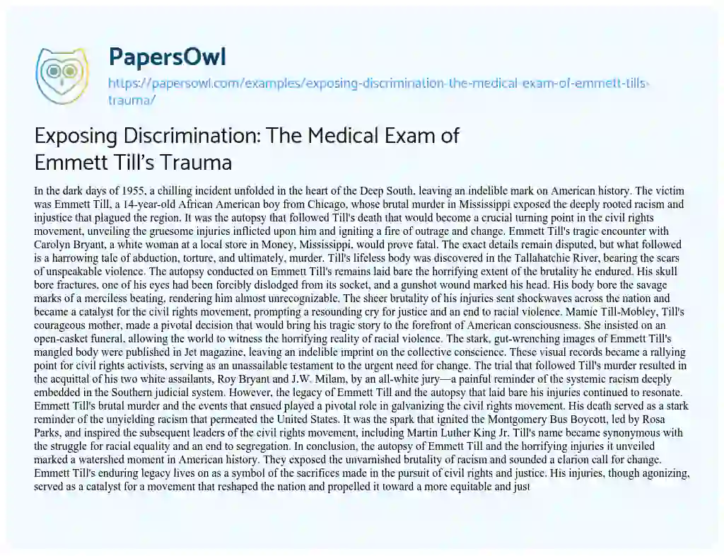 Essay on Exposing Discrimination: the Medical Exam of Emmett Till’s Trauma