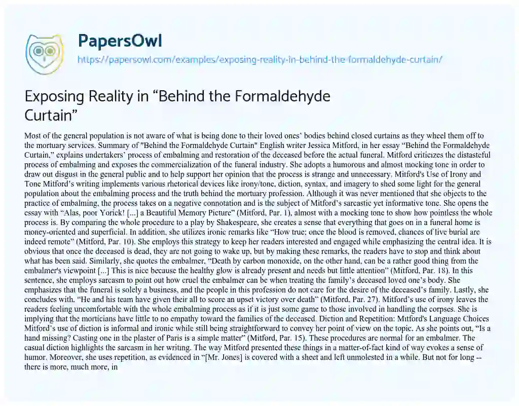 Essay on Exposing Reality in “Behind the Formaldehyde Curtain”
