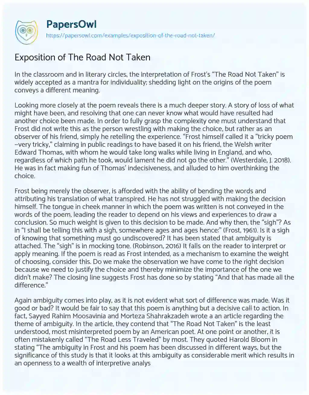 Essay on Exposition of the Road not Taken