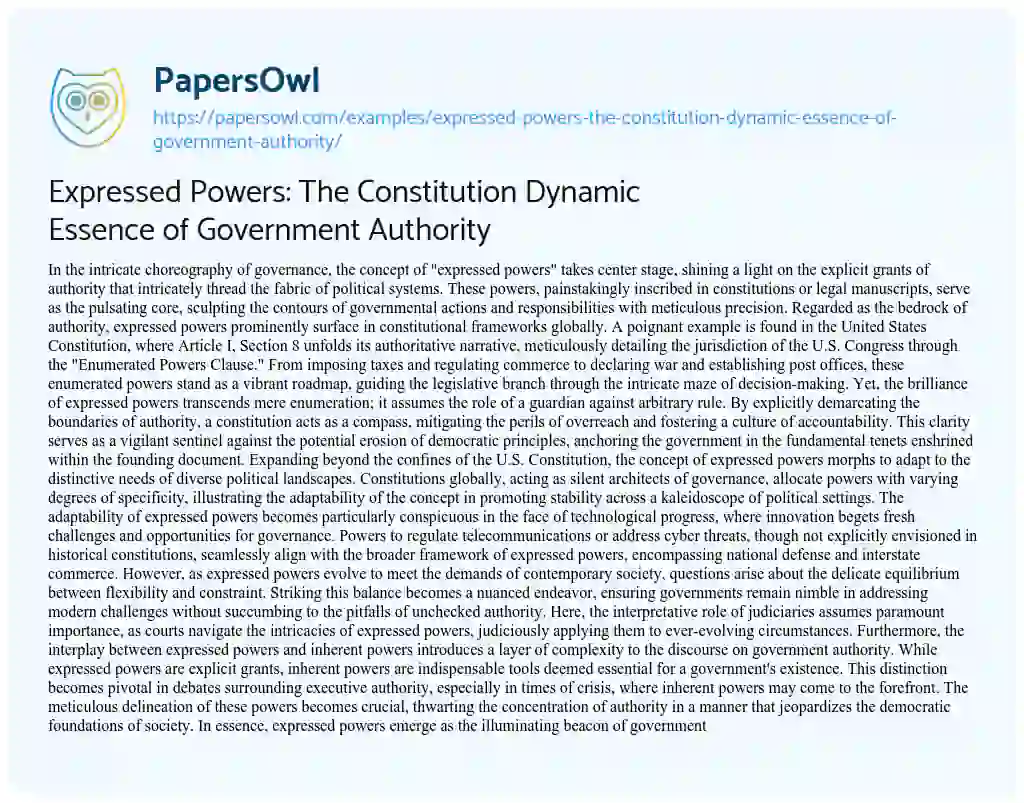 Essay on Expressed Powers: the Constitution Dynamic Essence of Government Authority