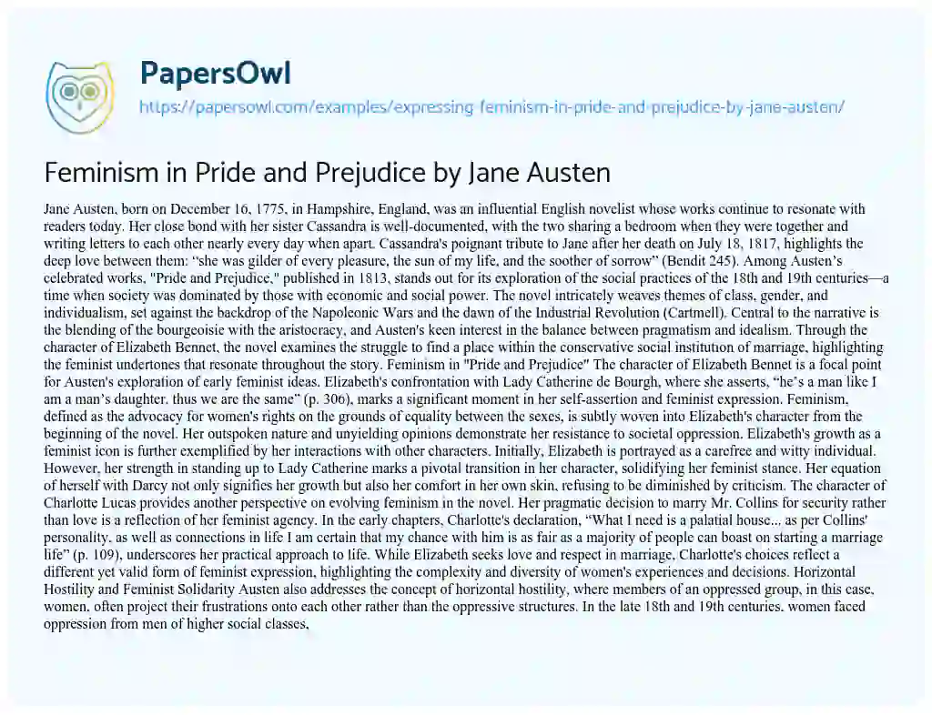 Essay on Expressing Feminism in Pride and Prejudice by Jane Austen